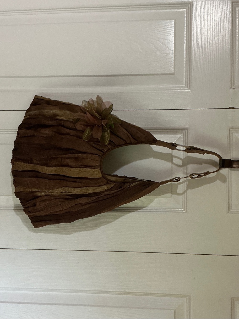 Chateau Brown Textured Shoulder Bag with Floral Accent